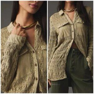 Anthropologie Pilcro Smocked Shacket Size Large Beige Lightweight Button Up Top